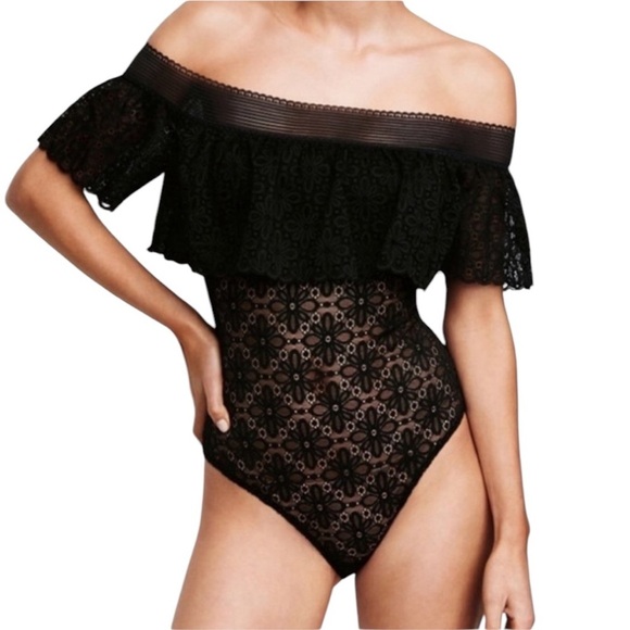 Off-the-shoulder black sexy  sheer lace bodysuit size Medium VICTORIA’S SECRET - Picture 5 of 8